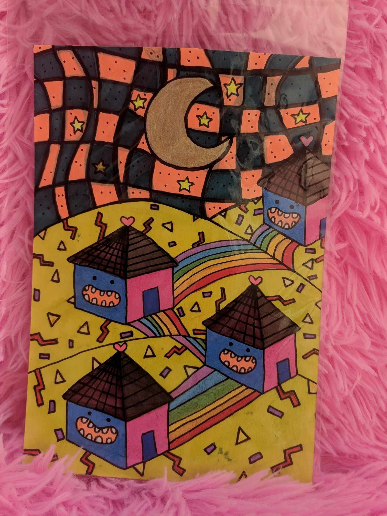 Hungry Houses on the Hillside — Painted Journal Page by Sydney Nova, alien, blue, checkerboard
